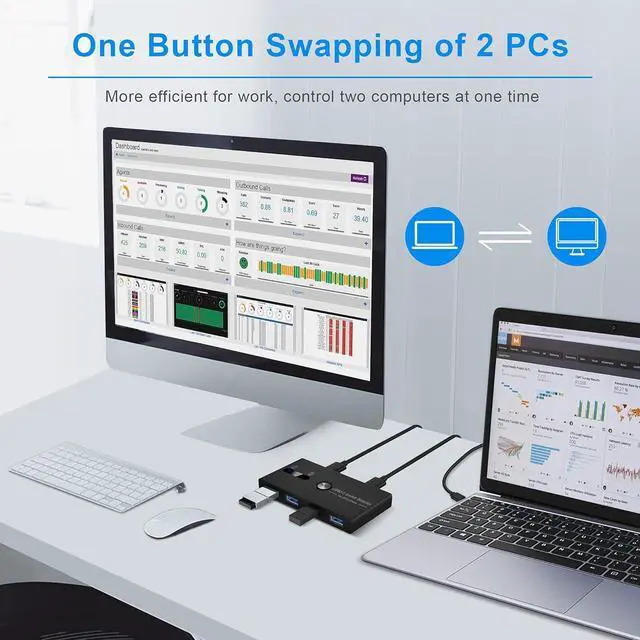 Alt view image 6 of 7 - USB KVM Switch 2 PCs Sharing 4 USB Devices KM Switch Hub One Button Swapping USB 3.0 Switcher Box for Mouse, Keyboard, Scanner, Printer with 2 USB 3.0 A to A Cable 1 Power Cable