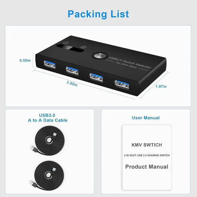 Alt view image 7 of 7 - USB KVM Switch 2 PCs Sharing 4 USB Devices KM Switch Hub One Button Swapping USB 3.0 Switcher Box for Mouse, Keyboard, Scanner, Printer with 2 USB 3.0 A to A Cable 1 Power Cable