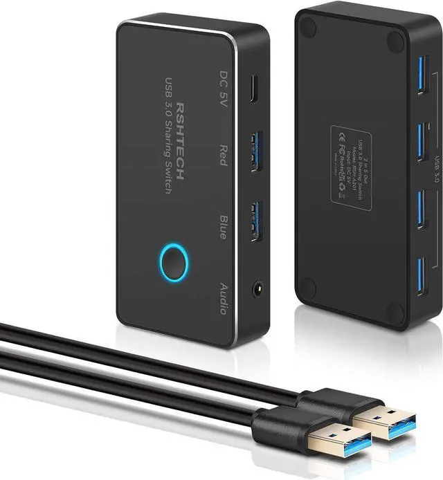 Main image of USB 3.0 Switch RSHTECH Aluminum USB Switch Selector with 4 USB 3.0 Ports, 3.5mm Audio Jack, 2 Computers Sharing 5 Peripheral Devices, USB KM Switcher hub with 2 USB Cable for Keyboard, Mouse, Printer