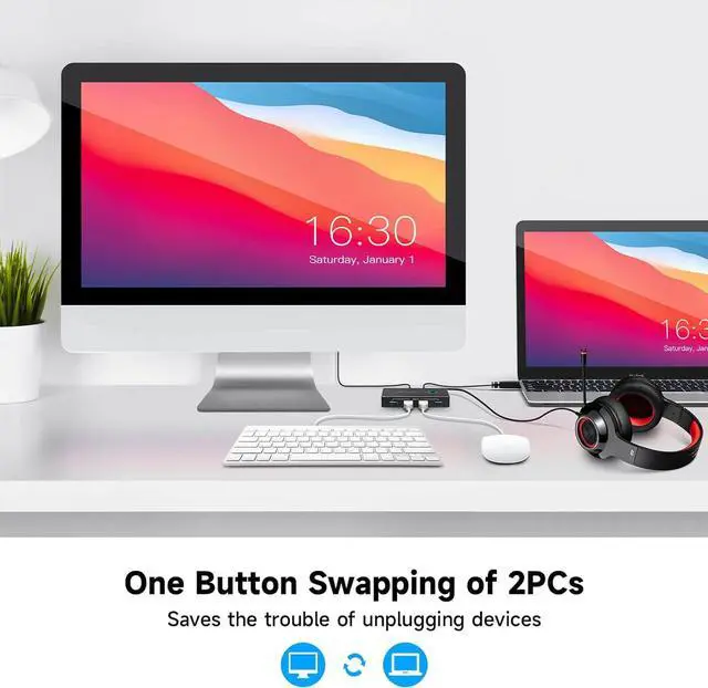 Alt view image 2 of 7 - USB 3.0 Switch RSHTECH Aluminum USB Switch Selector with 4 USB 3.0 Ports, 3.5mm Audio Jack, 2 Computers Sharing 5 Peripheral Devices, USB KM Switcher hub with 2 USB Cable for Keyboard, Mouse, Printer