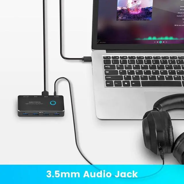 Alt view image 4 of 7 - USB 3.0 Switch RSHTECH Aluminum USB Switch Selector with 4 USB 3.0 Ports, 3.5mm Audio Jack, 2 Computers Sharing 5 Peripheral Devices, USB KM Switcher hub with 2 USB Cable for Keyboard, Mouse, Printer