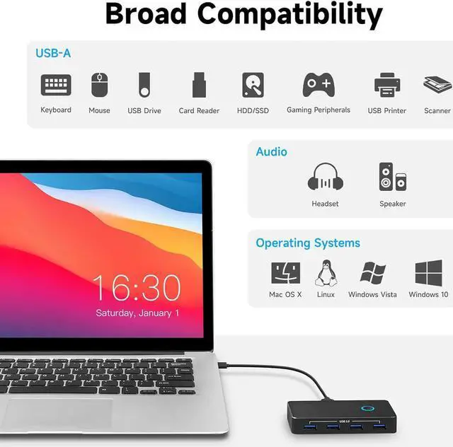 Alt view image 5 of 7 - USB 3.0 Switch RSHTECH Aluminum USB Switch Selector with 4 USB 3.0 Ports, 3.5mm Audio Jack, 2 Computers Sharing 5 Peripheral Devices, USB KM Switcher hub with 2 USB Cable for Keyboard, Mouse, Printer