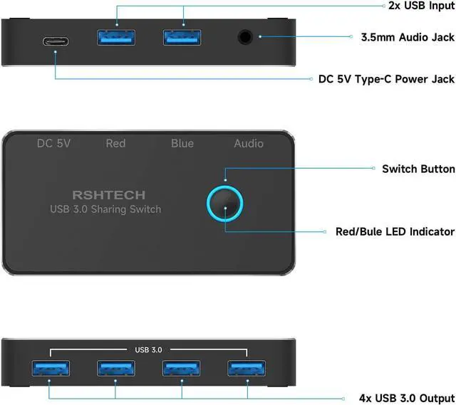 Alt view image 6 of 7 - USB 3.0 Switch RSHTECH Aluminum USB Switch Selector with 4 USB 3.0 Ports, 3.5mm Audio Jack, 2 Computers Sharing 5 Peripheral Devices, USB KM Switcher hub with 2 USB Cable for Keyboard, Mouse, Printer