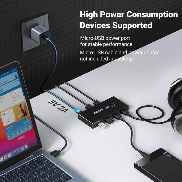 Alt view image 6 of 7 - UGREEN USB 3.0 Switch Selector 2 Computers Share 4 USB 3.0 Ports KVM Switcher USB for PC Laptop Keyboard Mouse Printer Scanner One Button Switch Adapter with 2 Pack USB 3.0 Cables