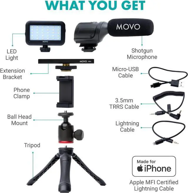 Alt view image 2 of 7 - Movo iVlogger Vlogging Kit for iPhone - Lightning Compatible YouTube Starter Kit for Content Creators - Accessories: Phone Tripod, Phone Mount, LED Light and Shotgun Microphone