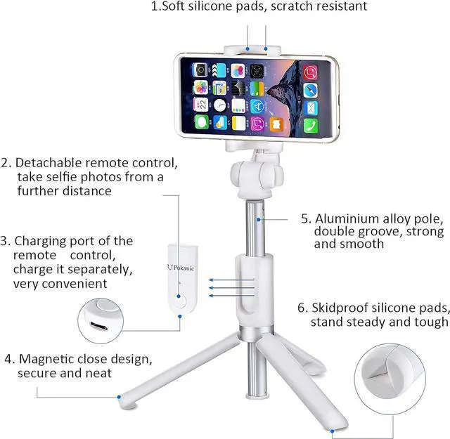 Alt view image 3 of 7 - Selfie Stick Tripod with Wireless Remote Controller Pouch Extendable Adjustable Stand Mount Light-Weight V-Log Compatible with All Apple iPhone, Samsung Galaxy (White)