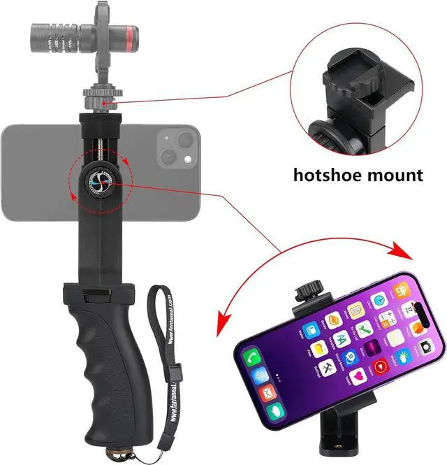 Alt view image 3 of 7 - Ergonomic Anti-Falling Cell Phone Vlogging Hand Grip Stabilizer Smartphone Holder Rig Mount Video Kit w/Safety Strap Portable Selfie Stick for iPhone Samsung (Landscape+Portrait)-Mic/Light Adapter
