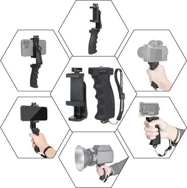 Alt view image 6 of 7 - Ergonomic Anti-Falling Cell Phone Vlogging Hand Grip Stabilizer Smartphone Holder Rig Mount Video Kit w/Safety Strap Portable Selfie Stick for iPhone Samsung (Landscape+Portrait)-Mic/Light Adapter