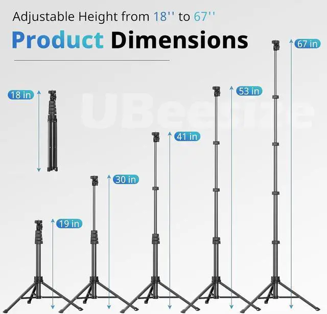 Alt view image 2 of 6 - UBeesize 67" Phone Tripod & Selfie Stick, Camera Tripod Stand with Wireless Remote and Phone Holder,Compatible with iPhone Android Phone, Perfect for Selfies/Video Recording/Live Streaming Black