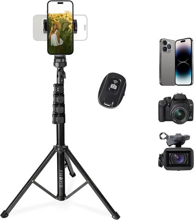 Main image of PHOPIK Phone Tripod Stand : Selfie Stick Extendable Camera & Cell Phone Tripod Stand for iPhone & Android Phone, Heavy Duty Aluminum, Lightweight
