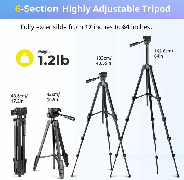 Alt view image 2 of 7 - Aureday Phone Tripod Stand, 64 Extendable Cell Phone&Camera Tripod with Wireless Remote and Phone Holder, Aluminum iPad Tripod for Video Recording/Selfies/Live Stream/Vlogging Black