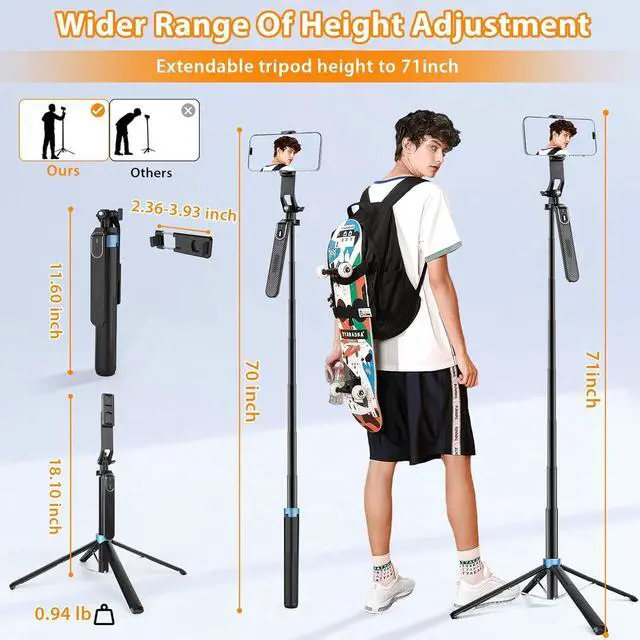 Alt view image 4 of 7 - Eocean 71" Tall Selfie Stick Tripod Quadripod with Remote & with 360° Ballhead, Aluminum Alloy Extendable Cell Phone Tripod Stand, Travel Tripod Phone Holder Compatible with iPhone/Android/GoPro