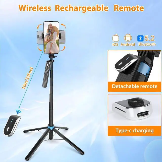 Alt view image 5 of 7 - Eocean 71" Tall Selfie Stick Tripod Quadripod with Remote & with 360° Ballhead, Aluminum Alloy Extendable Cell Phone Tripod Stand, Travel Tripod Phone Holder Compatible with iPhone/Android/GoPro