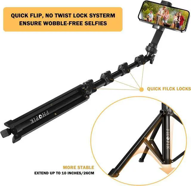 Alt view image 5 of 7 - PHOPIK Phone Tripod Stand : Selfie Stick Extendable Camera & Cell Phone Tripod Stand for iPhone & Android Phone, Heavy Duty Aluminum, Lightweight