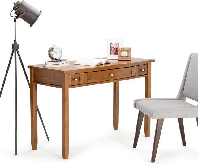 Alt view image 3 of 7 - SIMPLIHOME Warm Shaker SOLID WOOD Rustic Modern 48 inch Wide Home Office Desk, Writing Table, Workstation, Study Table Furniture in Light Golden Brown with 2 Drawers