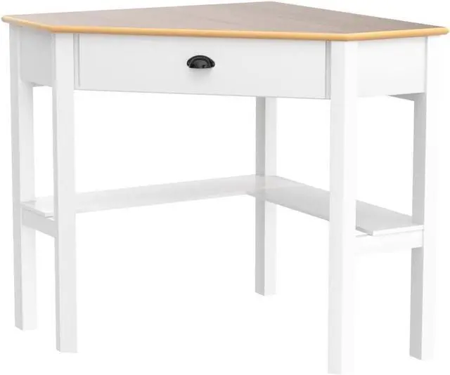 Alt view image 5 of 7 - GOFLAME Computer Corner Desk, Wood Compact Home Office Writing Worstation with Drawer and Shelves, Laptop PC Corner Table for Small Space Home Office, Natural & White