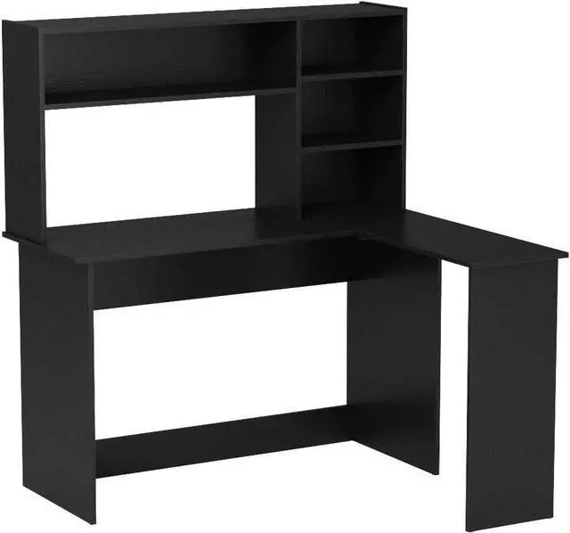 Alt view image 4 of 7 - ivinta Wood L Shaped Computer Desk with Hutch Modern Corner Gaming Desk with Storage Shelves Home Office Desk for Small Space Dark Brown Writing Desk Workstation