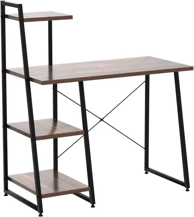 Alt view image 5 of 7 - COSTWAY Computer Desk with 4-Tier Storage Shelves, Home Office Desk Writing Table with Sturdy X-Shape Frame, Adjustable Foot Pads, Modern Simple Style Small Study Desk, Wide Tabletop (Brown and Black)