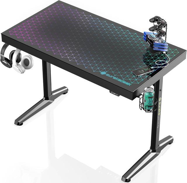 Main image of EUREKA ERGONOMIC RGB LED Gaming Desk, Music Sync Lights Up Tempered Glass Desktop, 43" GTG I43 Home Office Computer Table W Controller Rack 4 USB Charging Ports, APP Control