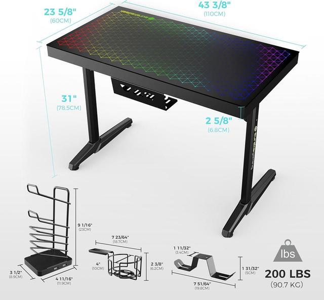 Alt view image 3 of 7 - EUREKA ERGONOMIC RGB LED Gaming Desk, Music Sync Lights Up Tempered Glass Desktop, 43" GTG I43 Home Office Computer Table W Controller Rack 4 USB Charging Ports, APP Control