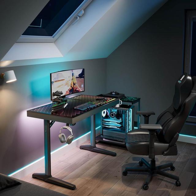 Alt view image 4 of 7 - EUREKA ERGONOMIC RGB LED Gaming Desk, Music Sync Lights Up Tempered Glass Desktop, 43" GTG I43 Home Office Computer Table W Controller Rack 4 USB Charging Ports, APP Control