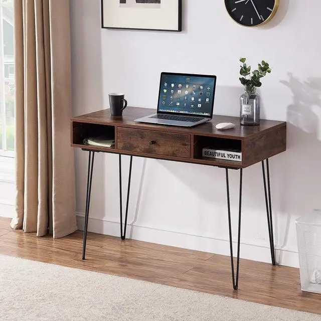 Main image of VECELO 39.3" Home Office Work Table with Drawers Computer Desk Writing/Study, 39 Inch Hairpin Legs, Retro Brown