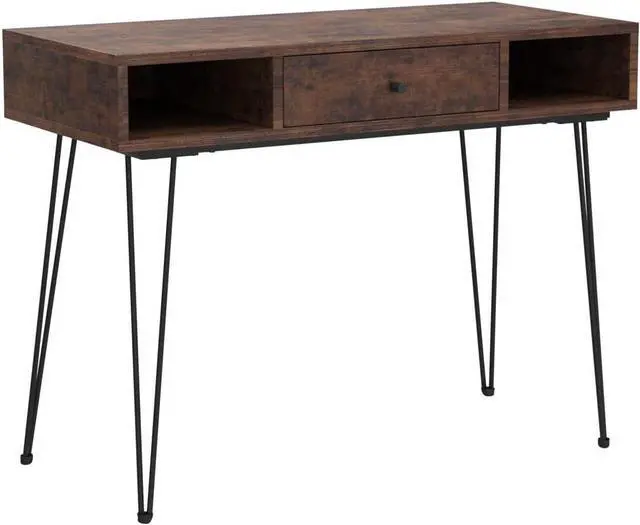 Alt view image 4 of 7 - VECELO 39.3" Home Office Work Table with Drawers Computer Desk Writing/Study, 39 Inch Hairpin Legs, Retro Brown