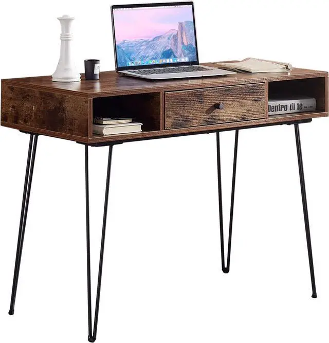 Alt view image 5 of 7 - VECELO 39.3" Home Office Work Table with Drawers Computer Desk Writing/Study, 39 Inch Hairpin Legs, Retro Brown