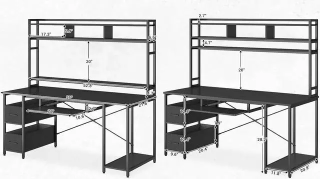 Alt view image 6 of 7 - Gaming Computer Desk, 55" Gaming Desk with LED Lights and Hutch, Computer Desk with Drawer, Power Outlet, Storage Shelves and Monitor Stand, Home Office Desk, Gamer Desk PC Table, Black