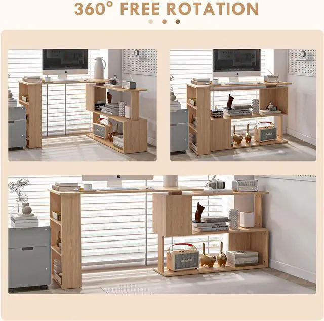 Alt view image 5 of 7 - HOMCOM L Shaped Corner Desk, 360 Degree Rotating Home Office Desk with Storage Shelves, Writing Table Workstation, Maple