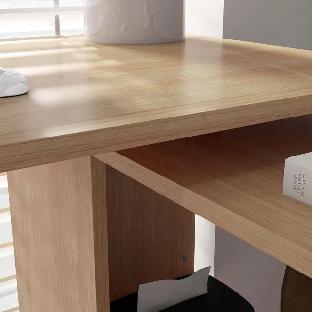 Alt view image 7 of 7 - HOMCOM L Shaped Corner Desk, 360 Degree Rotating Home Office Desk with Storage Shelves, Writing Table Workstation, Maple