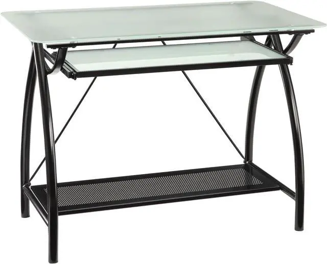 Main image of OSP Designs OSP Designs Newport Computer Desk with Frosted Tempered Glass Top, Pullout Keyboard Tray, and Black Powder Coated Steel Frame
