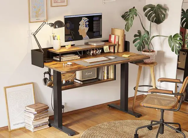 Alt view image 2 of 7 - 55" Electric Standing Desk with Shelves, 55x24 Inches Sit Stand Rising Computer Desk with Monitor Shelf, Home Office Desks with Hook, Adjustable Height Stand Up Workstation Table, Rustic Brown