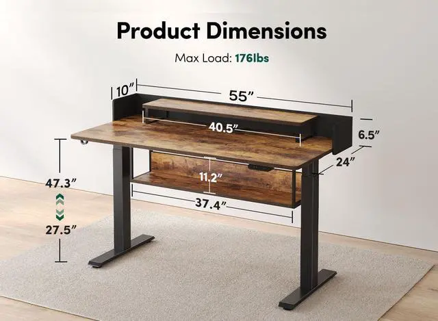 Alt view image 3 of 7 - 55" Electric Standing Desk with Shelves, 55x24 Inches Sit Stand Rising Computer Desk with Monitor Shelf, Home Office Desks with Hook, Adjustable Height Stand Up Workstation Table, Rustic Brown
