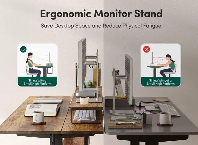 Alt view image 6 of 7 - 55" Electric Standing Desk with Shelves, 55x24 Inches Sit Stand Rising Computer Desk with Monitor Shelf, Home Office Desks with Hook, Adjustable Height Stand Up Workstation Table, Rustic Brown
