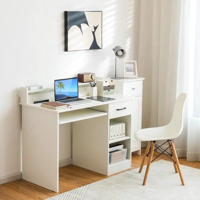 Alt view image 2 of 7 - Tangkula White Desk with Drawer & Keyboard Tray, 22 Inch Wide Modern Study Writing Desk with Desktop Hutch & Storage Shelves, Home Office Desk for Teens, Wood PC Laptop Desk, Desk for Bedroom