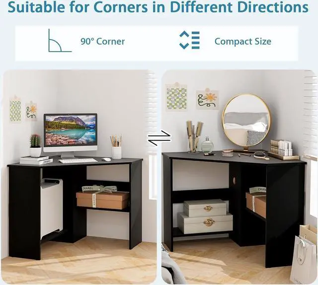 Alt view image 6 of 7 - Tangkula Corner Desk, 90 Degrees Triangle Computer Desk for Small Space, Bedroom Corner Makeup Vanity Desk with Storage Shelves & CPU Stand