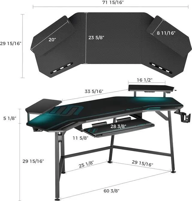 Alt view image 3 of 7 - EUREKA ERGONOMIC Gaming Desk with Led Lights, 72" Large Wing-Shaped Studio Desk W Keyboard Tray Monitor Stand Dual Headphone Hanger Cup Holder for Live, Streamer