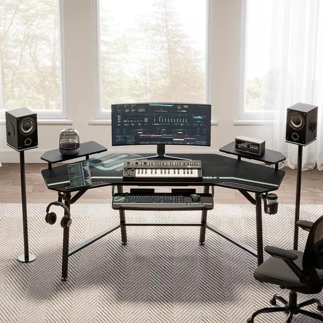 Alt view image 2 of 7 - EUREKA ERGONOMIC Gaming Desk with Led Lights, 72" Large Wing-Shaped Studio Desk W Keyboard Tray Monitor Stand Dual Headphone Hanger Cup Holder for Live, Streamer
