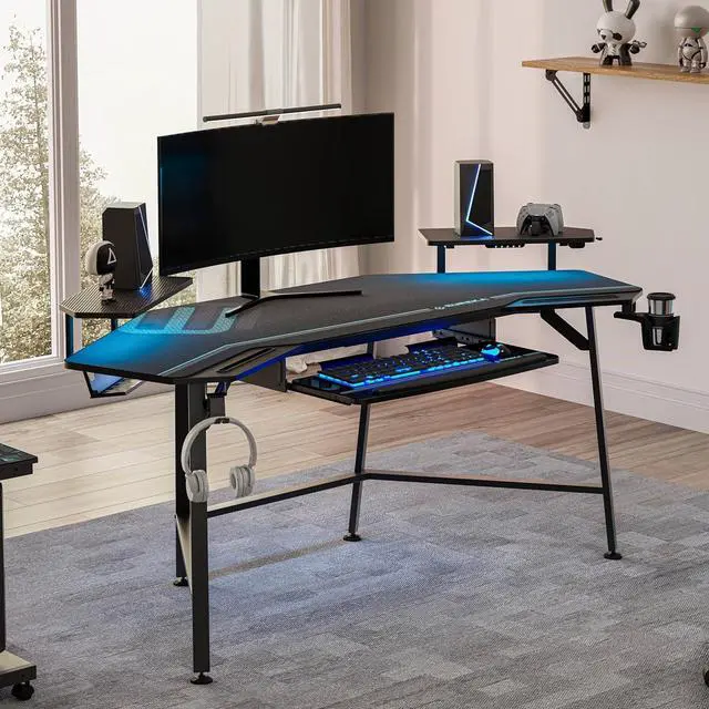 Alt view image 4 of 7 - EUREKA ERGONOMIC Gaming Desk with Led Lights, 72" Large Wing-Shaped Studio Desk W Keyboard Tray Monitor Stand Dual Headphone Hanger Cup Holder for Live, Streamer