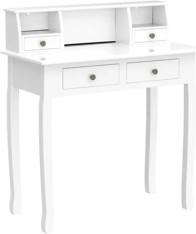 Alt view image 3 of 7 - DMAITH Small White Writing Desk with Hutch  32" Home Office Desk with Drawers | Compact Computer Desk, Vanity Makeup Table for Bedroom or Study Room
