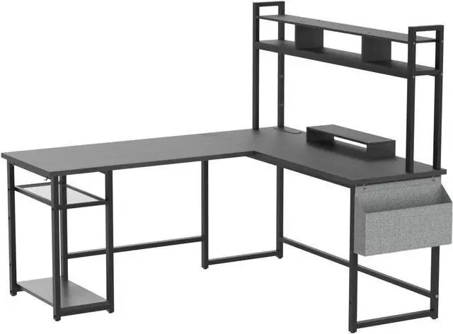 Alt view image 5 of 7 - Aheaplus L Shaped Desk with Power Outlet & LED Strip, Reversible L-Shaped Corner Computer Desks Gaming Desk with Storage Shelf & Monitor Stand, Modern 2 Person Home Office Desk Writing Desk, Grey Oak