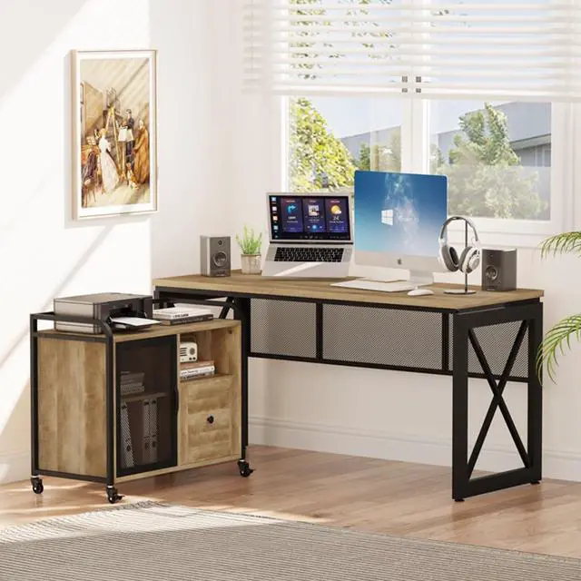 Alt view image 6 of 7 - BON AUGURE Industrial Home Office Desks, Rustic Wood Computer Desk, Farmhouse Sturdy Metal Writing Desk (60 Inch, Vintage Oak)