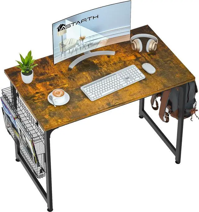 Main image of ASTARTH Study Computer Desk-47 Inch Home Office Desk, Wood Storage Table, Modern Writing Style Laptop Table, Black Metal Frame, PC Table with Storage Basket and Headphone Hooks, Rustic Brown, Vintage