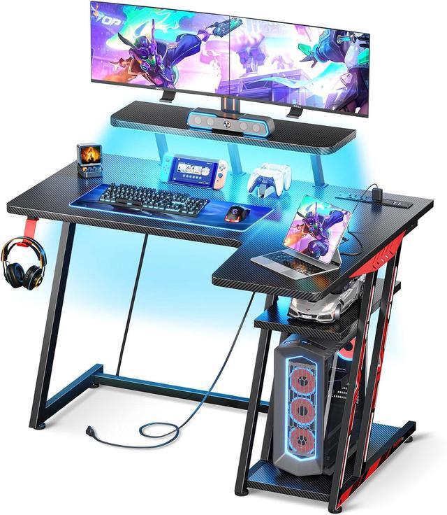 MOTPK 31 Inch Small Gaming Desk With LED Lights & Power Outlets - Carbon Fiber, Monitor Shelf, For PC Gamers