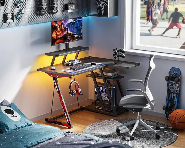 Alt view image 2 of 7 - MOTPK Small Gaming Desk with LED Lights & Power Outlets, 39 Inch L Shaped Gaming Computer Desk with Storage Shelf, Gamer Desk with Monitor Stand, PC Gaming Table with Carbon Fiber Texture, Black