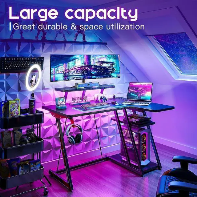 Alt view image 4 of 7 - MOTPK Small Gaming Desk with LED Lights & Power Outlets, 39 Inch L Shaped Gaming Computer Desk with Storage Shelf, Gamer Desk with Monitor Stand, PC Gaming Table with Carbon Fiber Texture, Black
