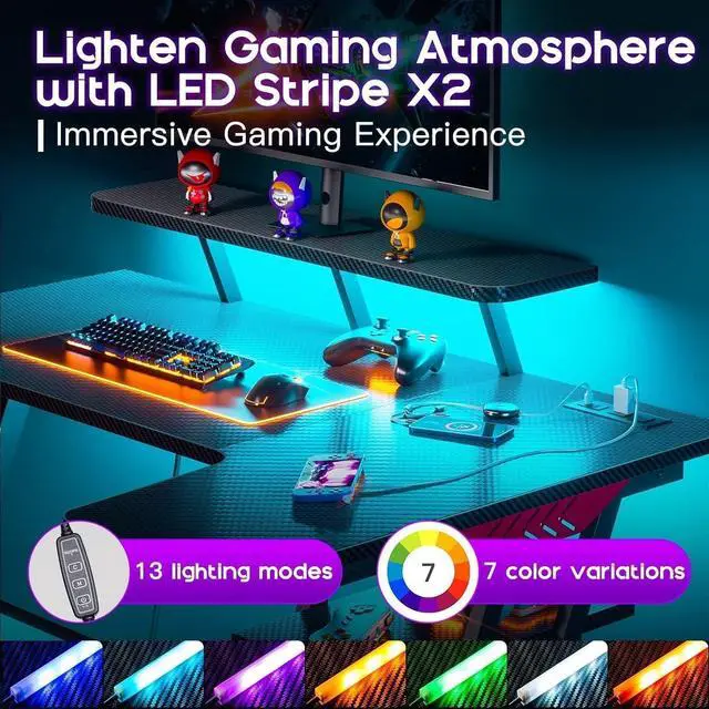 Alt view image 5 of 7 - MOTPK Small Gaming Desk with LED Lights & Power Outlets, 39 Inch L Shaped Gaming Computer Desk with Storage Shelf, Gamer Desk with Monitor Stand, PC Gaming Table with Carbon Fiber Texture, Black