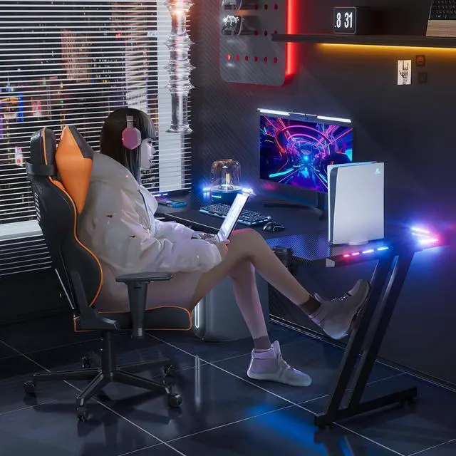 Alt view image 2 of 6 - HLDIRECT 63 Inch Gaming Desk with LED Lights Carbon Fibre Surface Gaming Table Large Computer Desk Ergonomic Home Office Desks Z Shaped PC Gamer Workstations with Cup Holder & Headphone Hook Black