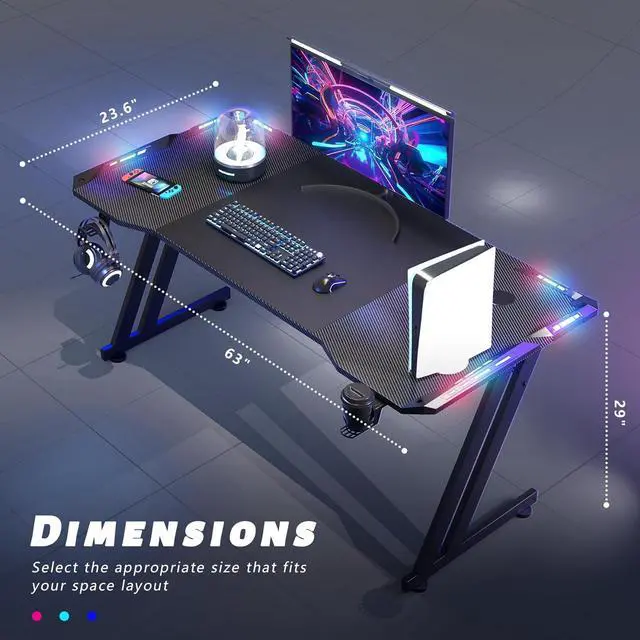 Alt view image 3 of 6 - HLDIRECT 63 Inch Gaming Desk with LED Lights Carbon Fibre Surface Gaming Table Large Computer Desk Ergonomic Home Office Desks Z Shaped PC Gamer Workstations with Cup Holder & Headphone Hook Black